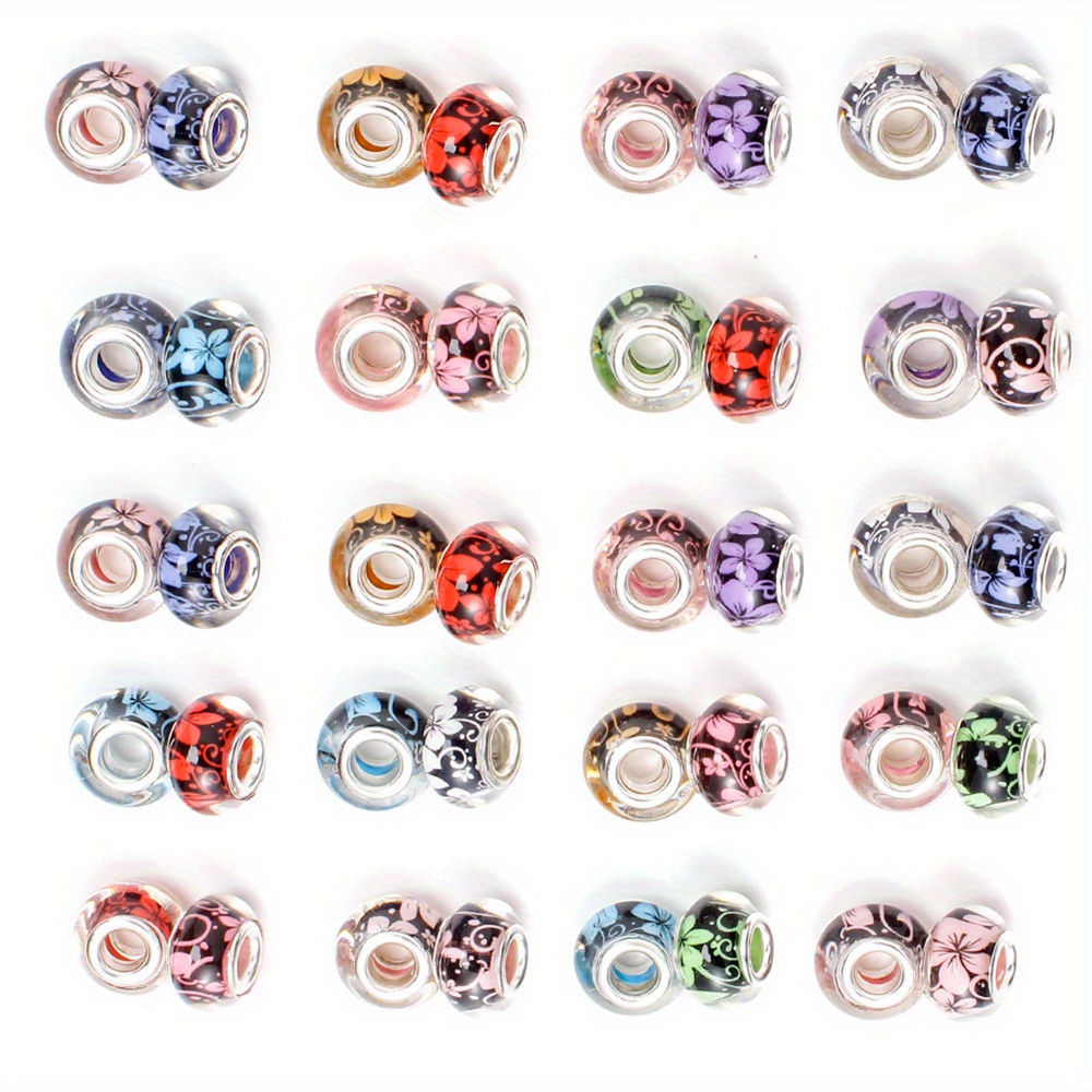 9x14mm Floral Print Acrylic Beads Clear Big Hole Assortment for Jewelry Making